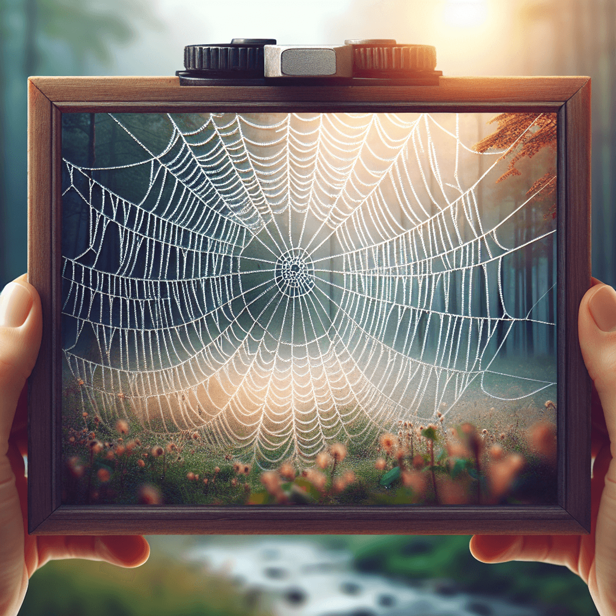 Una fotografía en primer plano de una gran telaraña intricadamente tejida, que brilla con gotas de rocío matutino, sobre un suave fondo natural borros