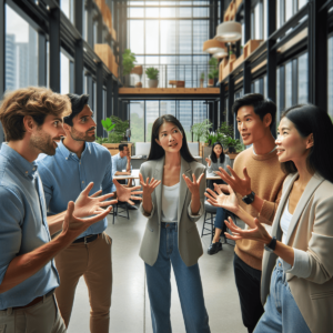 Un grupo diverso de personas, incluyendo una mujer caucásica y un hombre asiático, discutiendo animadamente ideas con gestos expresivos en una oficina