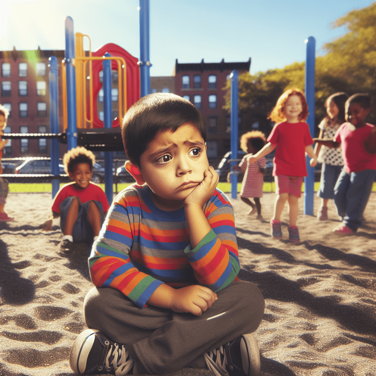 Un niño hispano joven se sienta solo en un parque, mirando confundido y ansioso, con ceño fruncido y labios hacia abajo. En el fondo, un grupo diverso