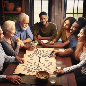 Una familia multiétnica se reúne alrededor de una mesa, sonriendo y participando en una conversación. La familia incluye a una abuela negra, a un abue