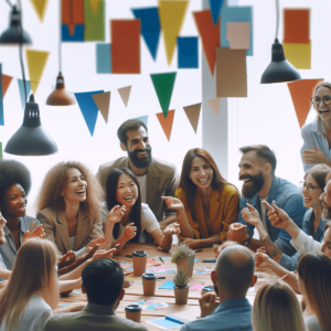 Una fotografía vibrante de un grupo diverso de individuos caucásicos, hispanos y asiáticos discutiendo animadamente en un entorno colorido y acogedor.