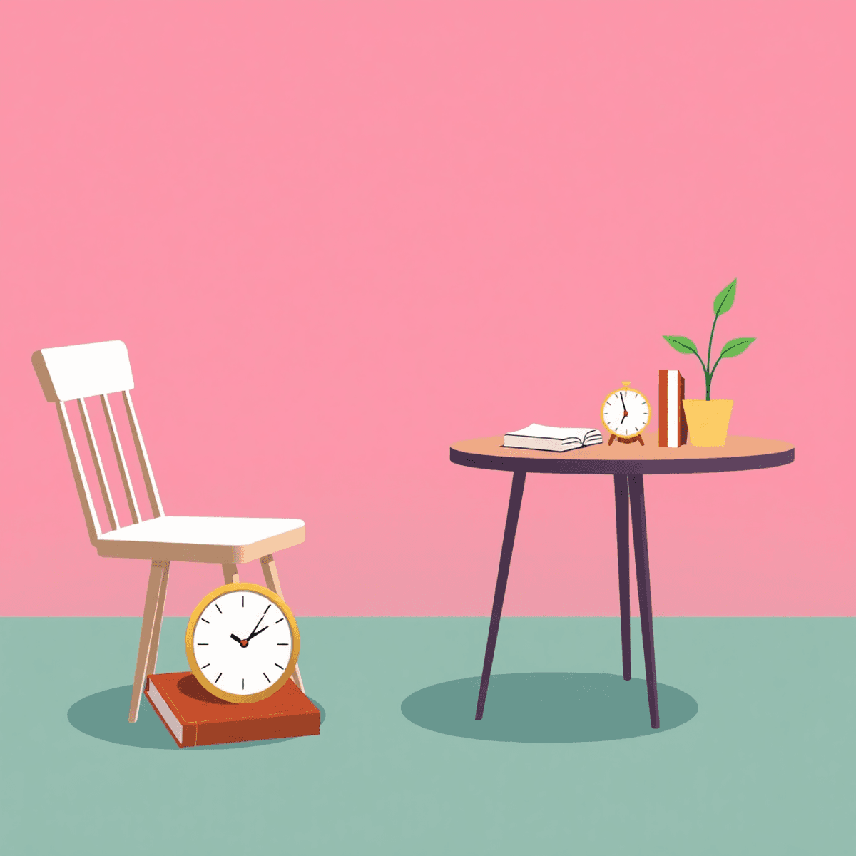 Ilustración de un fondo relajante con una silla vacía, una taza de café en una mesa desordenada, un reloj, libros apilados y una planta marchita, e...