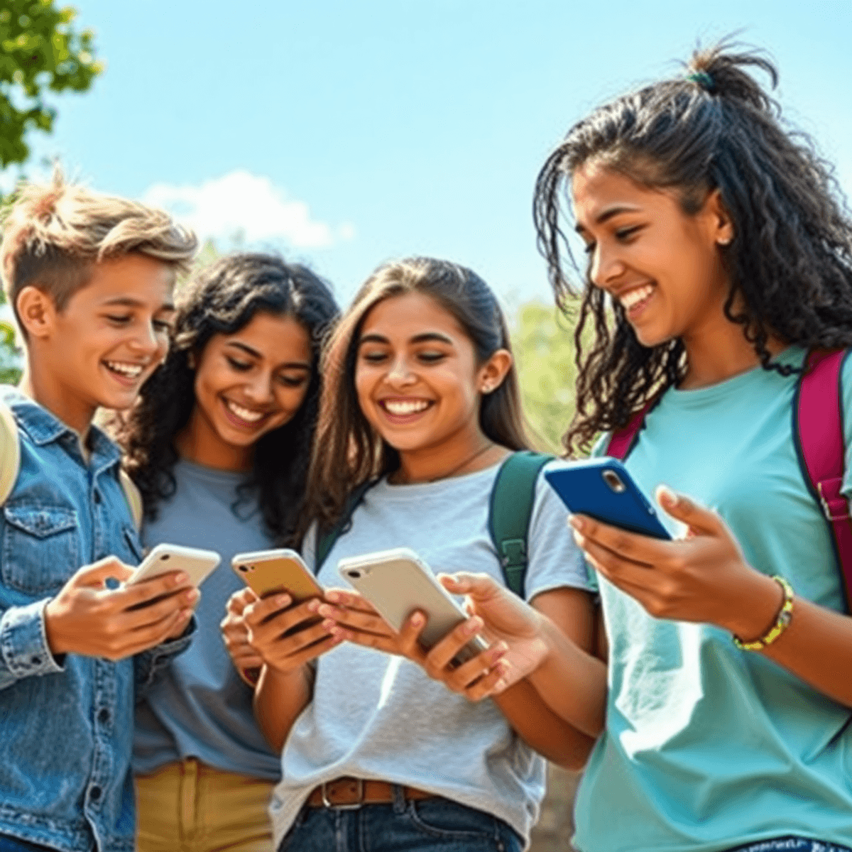 Un grupo de adolescentes sonrientes interactúa con sus dispositivos móviles al aire libre, rodeados de naturaleza, transmitiendo alegría y conexión...