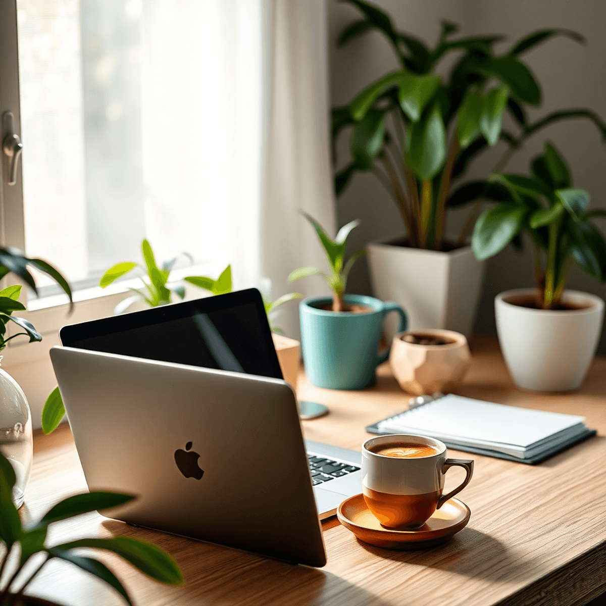 Una acogedora oficina en casa con una laptop, plantas de interior y una humeante taza de café, iluminada por una suave luz, creando una atmósfera t...