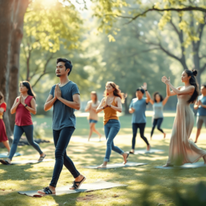 Una escena exterior tranquila con un grupo de personas practicando meditación, yoga y danza alegre entre árboles, con la luz del sol filtrándose a ...