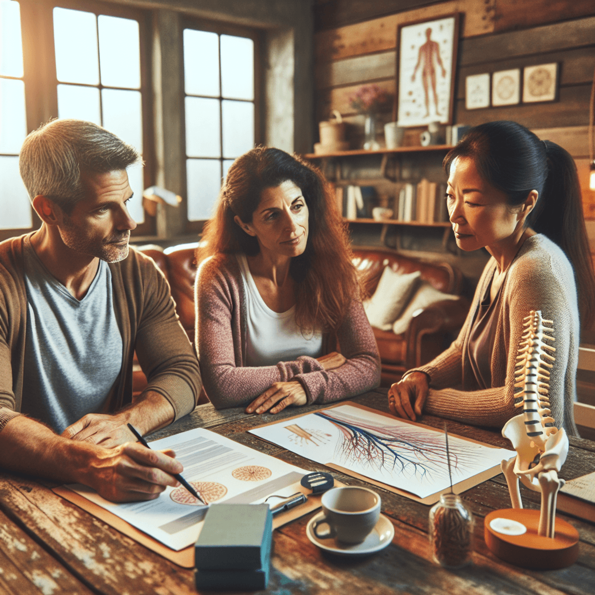 Una foto sincera de tres personas involucradas en una profunda conversación sobre salud y bienestar en una mesa de madera rústica. El grupo está co...