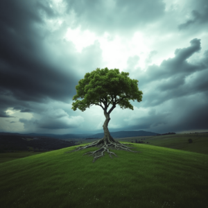 Un árbol fuerte con raíces profundas se alza contra un cielo tormentoso, simbolizando la resiliencia y la esperanza en medio de los desafíos en un ...