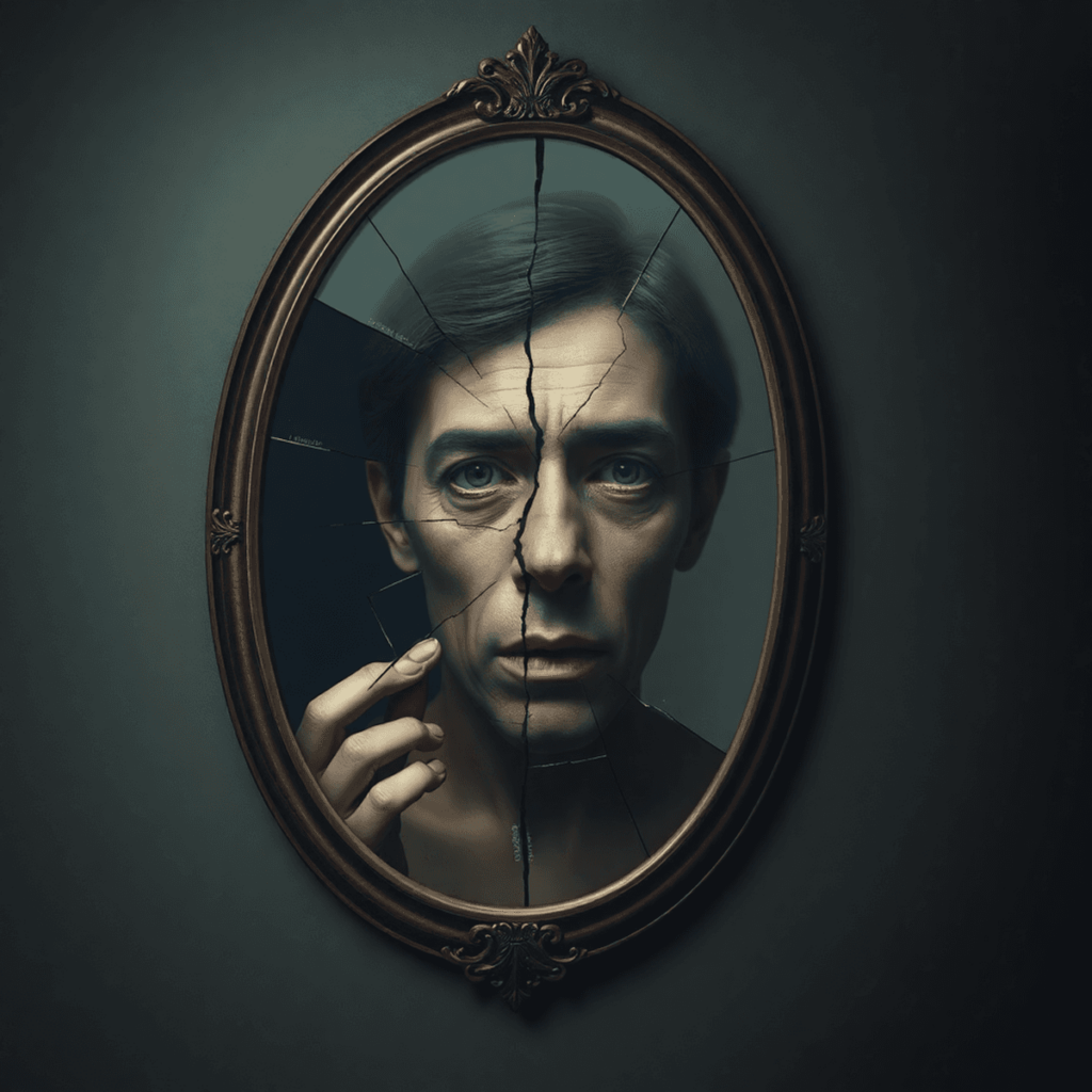 Un espejo roto refleja un rostro distorsionado, contra un fondo suave y apagado, simbolizando la autoengaño y la introspección.