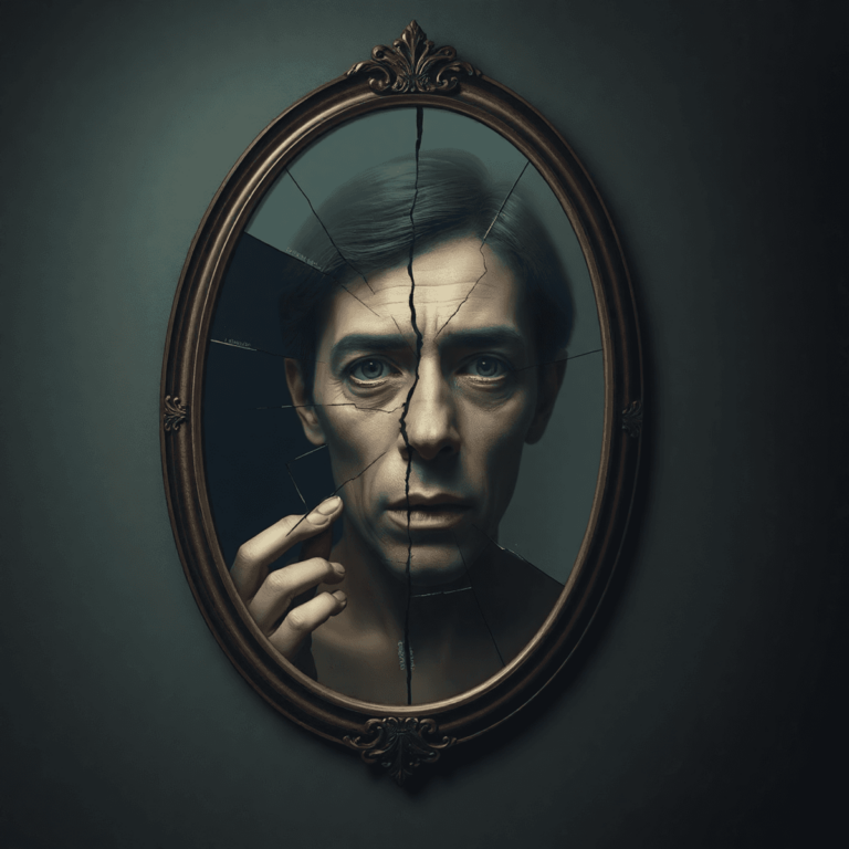 Un espejo roto refleja un rostro distorsionado, contra un fondo suave y apagado, simbolizando la autoengaño y la introspección.