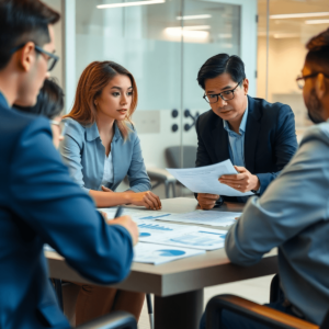 Un grupo de profesionales involucrados en una discusión alrededor de una mesa con papeles de evaluación y gráficos en una oficina moderna, destacan...