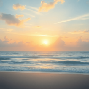 Un paisaje sereno al amanecer, con suaves nubes y suaves olas, que transmite tranquilidad y esperanza en un estilo realista.