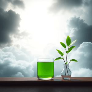 Una balanza equilibrada entre nubes oscuras y claras, con una taza de té humeante y una planta verde vibrante, simbolizando el estrés y la relajación.