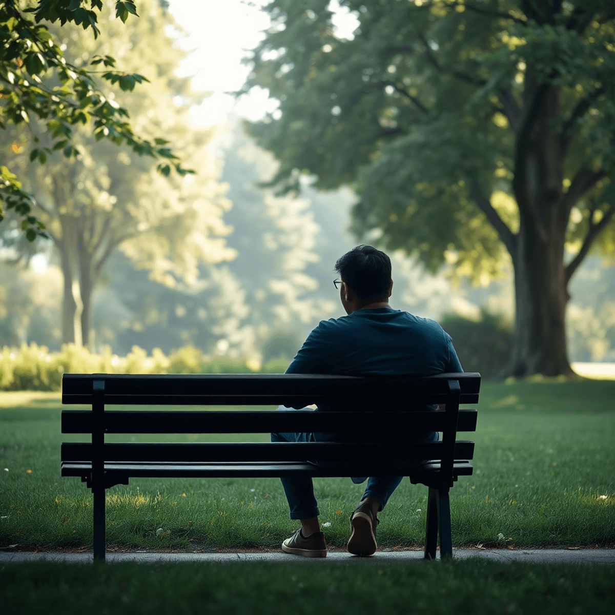 Una persona se sienta sola en un banco del parque, mirando pensativamente a la distancia entre la exuberante vegetación, con la suave luz del sol f...