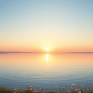 Un amanecer pacífico sobre un lago tranquilo, con azules pastel y cálidos amarillos reflejándose en el agua, suaves ondulaciones y delicadas flores...