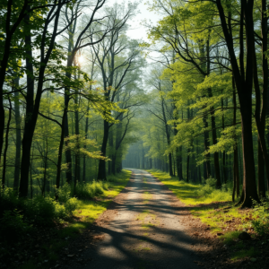 Un camino que se adentra en un bosque sereno, rodeado de hojas caídas y luz suave filtrándose entre los árboles, simbolizando el viaje hacia la san...