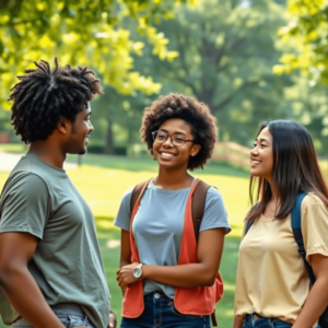 Un grupo de jóvenes adultos está reunido en un parque soleado, participando en una conversación positiva, rodeados de exuberante vegetación, irradi...