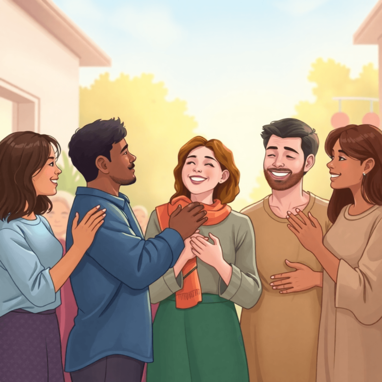 Un grupo diverso de personas involucradas en actos de bondad y apoyo en un cálido entorno comunitario, simbolizando honestidad, compasión y generos...