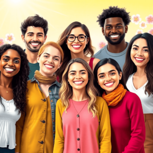 Un grupo diverso de personas sonrientes de pie juntas en un entorno brillante y soleado con flores en plena floración, simbolizando la autoestima y...