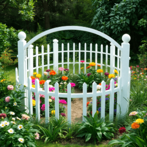 Un jardín sereno rodeado de una cerca blanca, lleno de flores coloridas y vegetación verde, que transmite paz y bienestar.