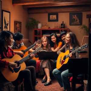 Una acogedora reunión de personas disfrutando juntas de la música, rodeadas de guitarras y un piano, con una iluminación cálida que realza la atmós...