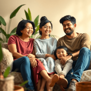 Una familia diversa sentada en un entorno acogedor, conversando y sonriendo, rodeada de plantas verdes y luz suave que evoca armonía y comunicación...