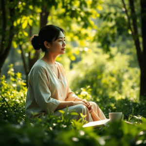 Una figura pacífica se sienta en un exuberante entorno verde, con la suave luz del sol filtrándose a través de los árboles, con un diario y una taz...