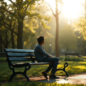 Una figura solitaria se sienta en un banco del parque, mirando pensativamente a la distancia mientras la suave luz del sol se filtra a través de lo...