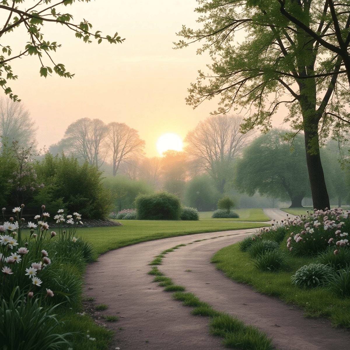 Un paisaje pacífico con un camino sinuoso a través de una exuberante vegetación y flores en flor, un banco y un diario cercanos, todo bajo un suave...