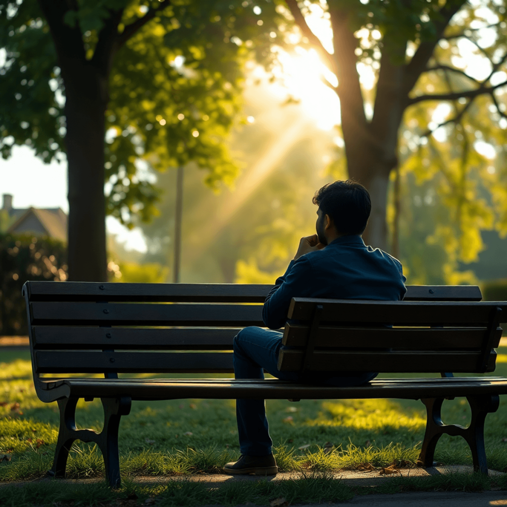 Una persona sentada en un banco del parque, perdida en sus pensamientos, rodeada de naturaleza y con la luz del sol filtrándose a través de los árb...