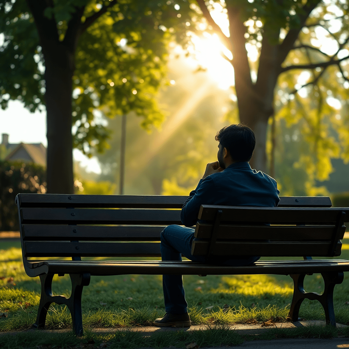 Una persona sentada en un banco del parque, perdida en sus pensamientos, rodeada de naturaleza y con la luz del sol filtrándose a través de los árb...