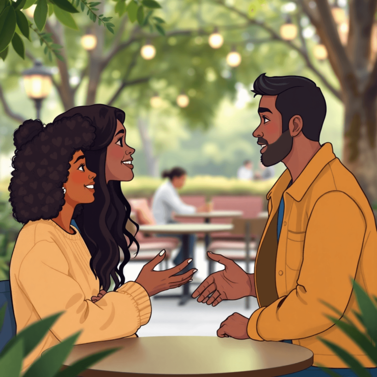 Dos individuos participaron en una conversación positiva en un entorno de parque sereno, con una iluminación suave y naturaleza a su alrededor, mos...