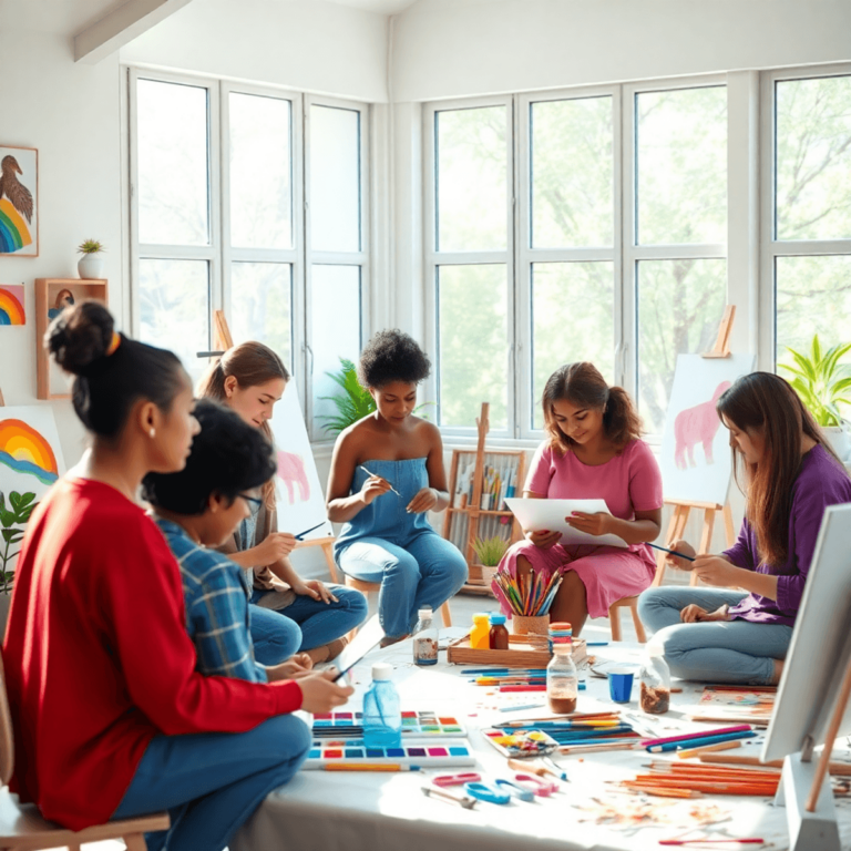 Un brillante estudio de arte con individuos dedicados a la pintura y el dibujo, rodeados de coloridos materiales y luz natural, que promueven la sa...