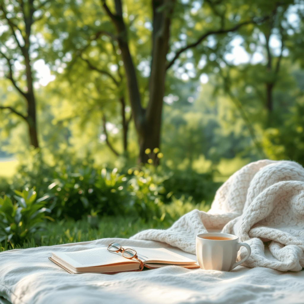 Un espacio exterior tranquilo con suave vegetación, luz del sol filtrándose a través de los árboles, una manta acogedora, un diario y una taza de t...