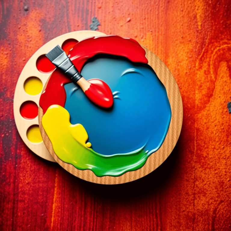 Un fondo vibrante con una paleta de colores variados, un pincel, una paleta de pintor y una rueda de colores, transmitiendo emociones positivas y l...