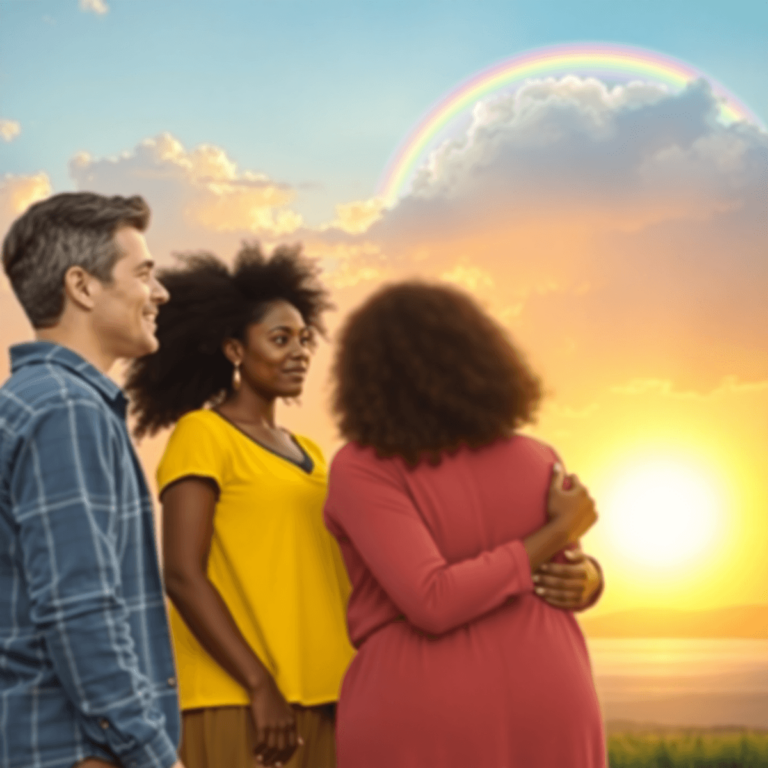 Un grupo diverso de personas de pie juntas de manera solidaria, participando en una conversación bajo un brillante amanecer, con un arcoíris que em...