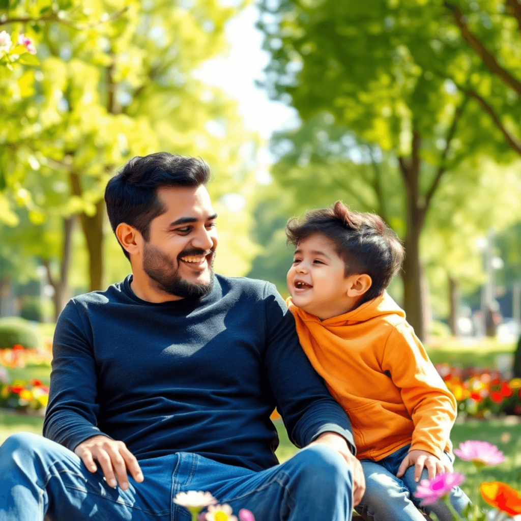 Un padre y su hijo pequeño juegan y ríen en un parque alegre, rodeados de árboles verdes y flores coloridas, disfrutando de un momento especial jun...