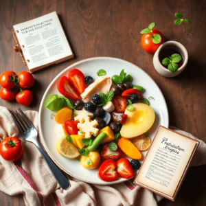 Un plato colorido de alimentos frescos, junto a una planta en crecimiento y un diario, simbolizando la esperanza y el bienestar en la recuperación ...