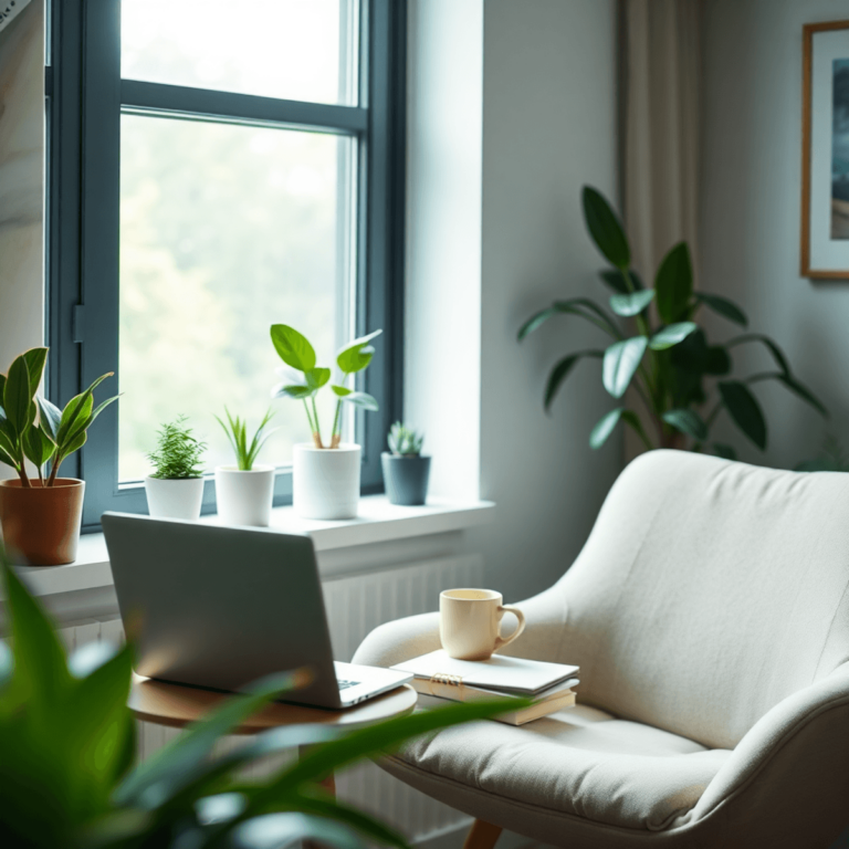 Una acogedora oficina en casa con un portátil, silla, plantas, taza de café y cuaderno, creando una atmósfera tranquila y equilibrada para el traba...