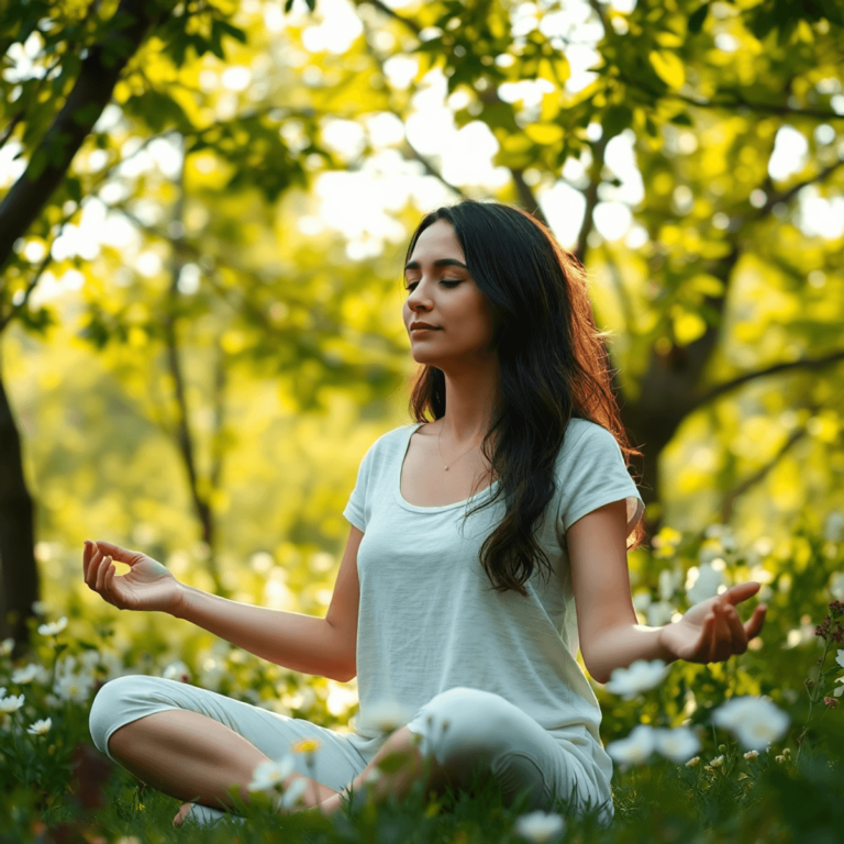 Una persona meditando en un entorno natural sereno, rodeada de árboles y flores, con luz suave filtrándose a través de las hojas, evocando calma y ...