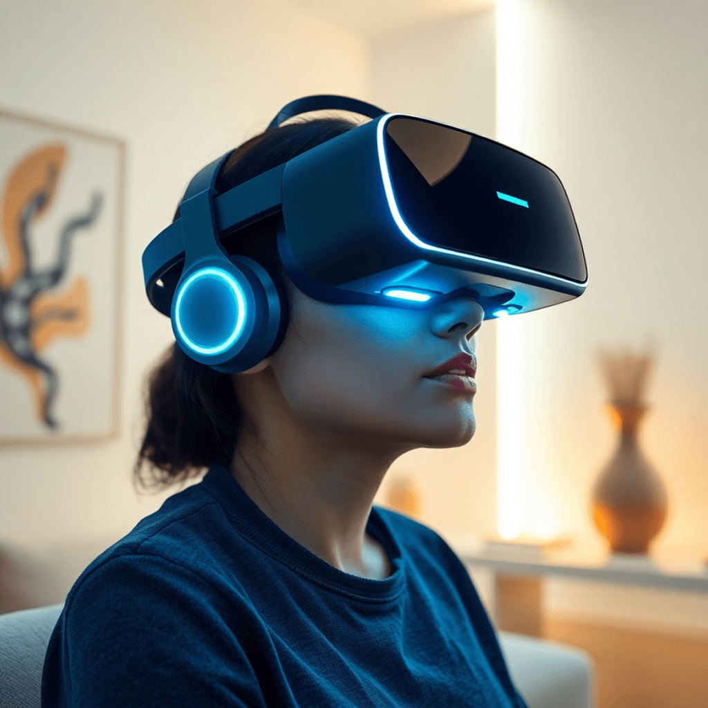 Una persona que lleva gafas de realidad virtual en un espacio sereno con iluminación suave y arte abstracto, inmersa en una sesión de terapia futur...