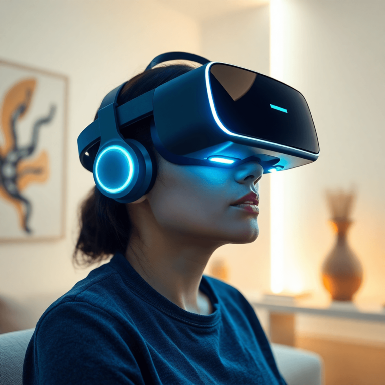 Una persona que lleva gafas de realidad virtual en un espacio sereno con iluminación suave y arte abstracto, inmersa en una sesión de terapia futur...