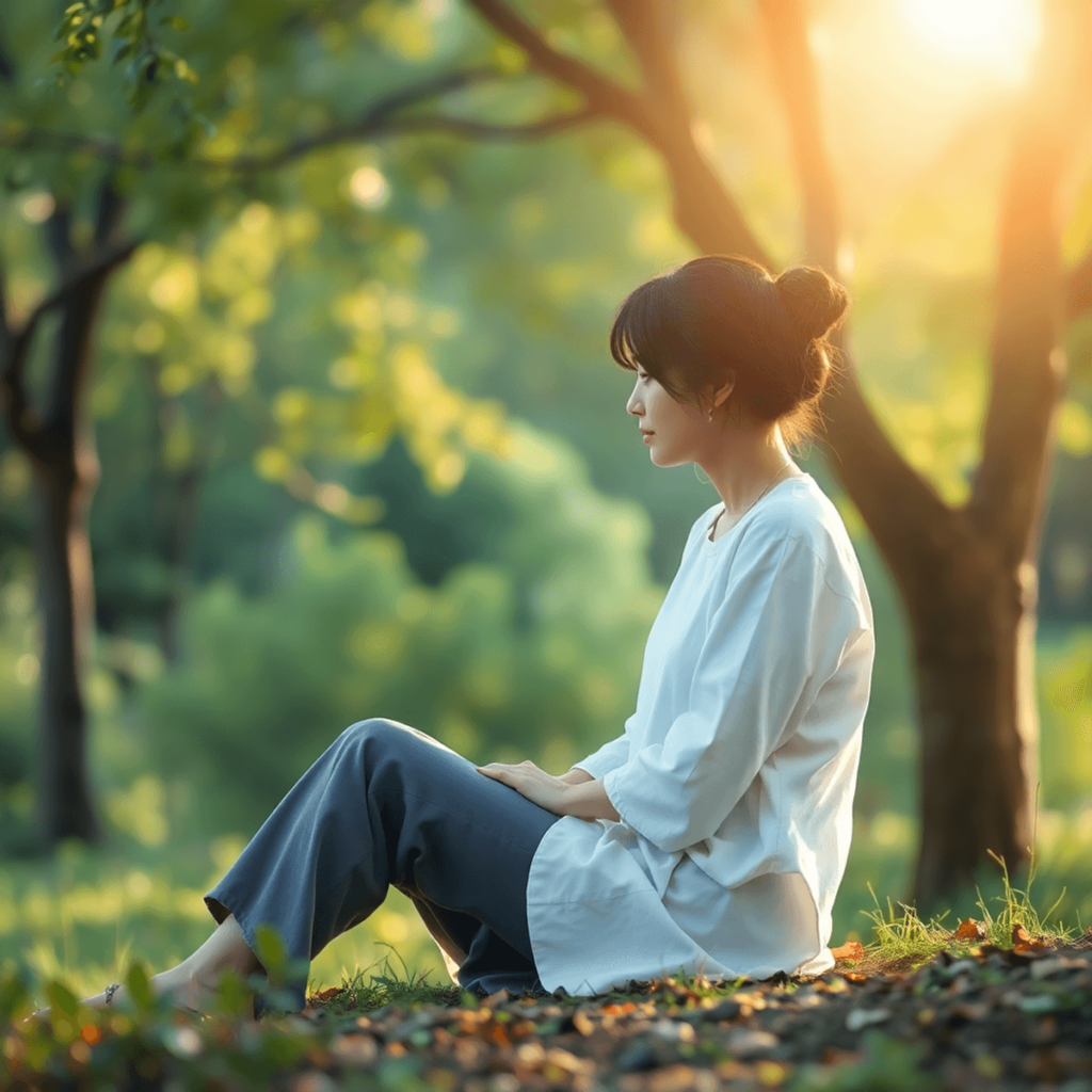 Una persona sentada sola en la naturaleza, reflexionando sobre sus emociones. La suave luz del sol se filtra a través de los árboles, creando una a...