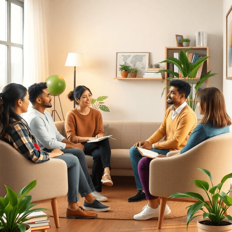 Un grupo de personas sentadas en un ambiente acogedor, conversando con un profesional de la salud mental, rodeados de plantas y libros sobre bienes...