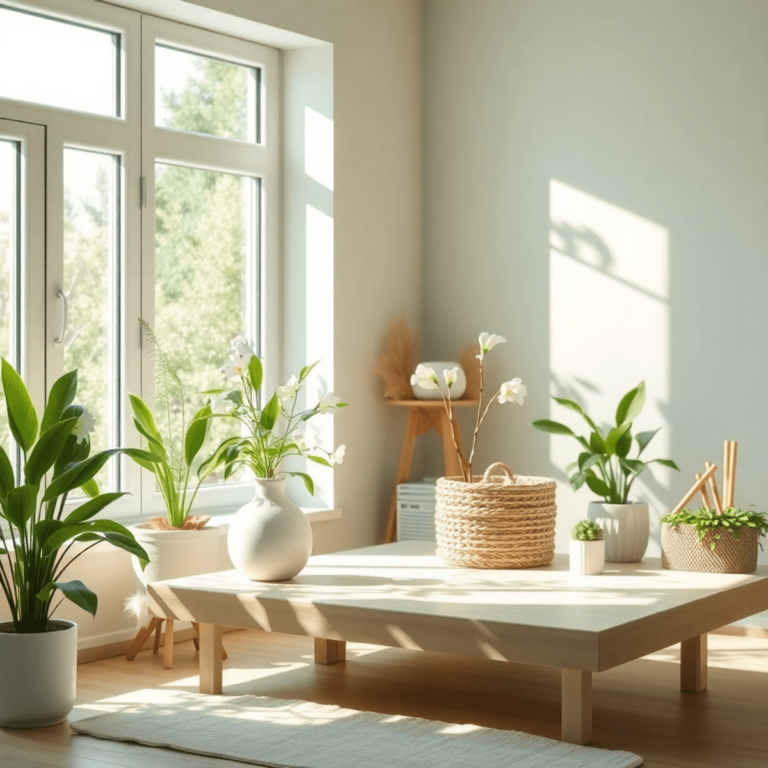 Un hogar luminoso y ordenado con luz natural, plantas verdes, flores de primavera en un jarrón y utensilios de limpieza organizados, transmitiendo ...
