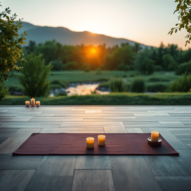 Una escena de meditación al aire libre en paz al amanecer, con una esterilla de yoga y velas rodeadas de naturaleza, evocando tranquilidad y mindfu...