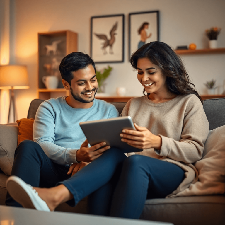 Una pareja sentada en un sofá, usando una tablet para terapia en línea. El ambiente es acogedor, con luz suave y decoraciones modernas.