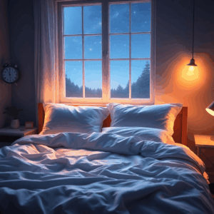 Un dormitorio acogedor con una cama suave, iluminación cálida, un reloj que muestra la noche y una ventana que revela un cielo estrellado, todo en ...