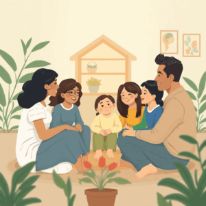 Una familia diversa sentada en círculo, sonriendo y conversando en un ambiente acogedor, rodeada de plantas y un hogar cálido, simbolizando amor y ...
