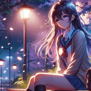 Visual novel style illustration depicting a young adult anime/manga character experiencing anxiety and depression, sitting in a reflective park at night under falling cherry blossoms. The art style conveys a mix of sadness and hope, symbolizing the journey of overcoming mental health challenges.