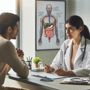 Médico explicando a un paciente sobre el colon irritable y el estrés